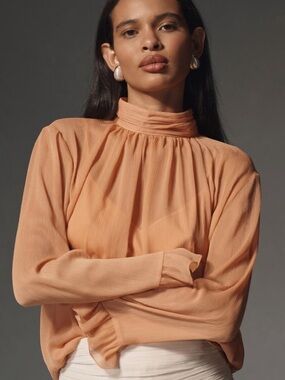 By Anthropologie Long-Sleeve High-Neck Sheer Blouse in Rose Color